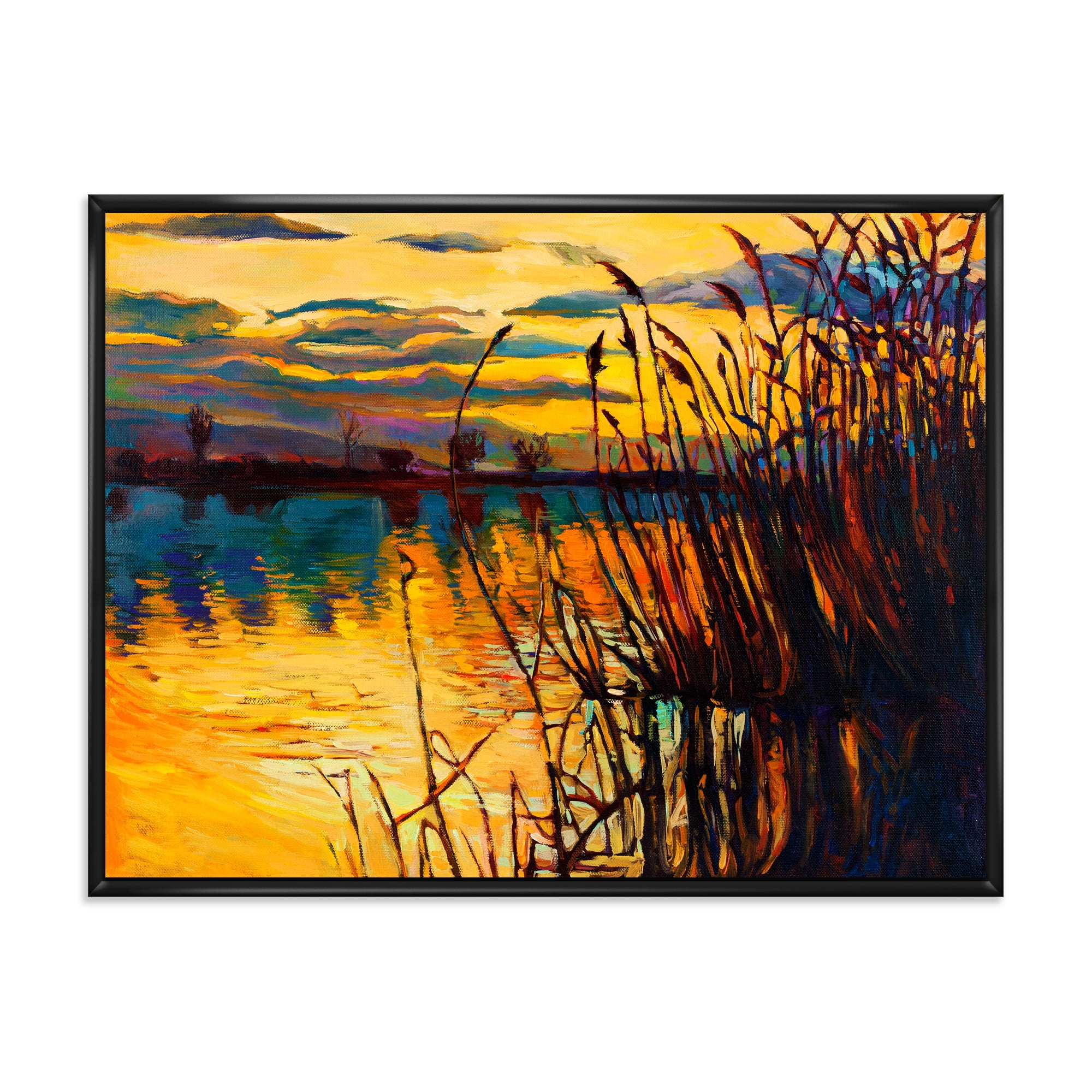 Yellow Evening Glow Through The High Grass By The Lake 40 in x 30 in Framed Painting Canvas Art Print, by Designart