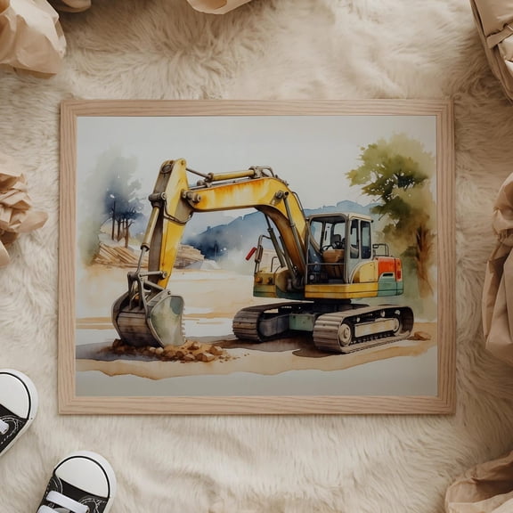 Yellow Excavator Construction Illustration Wall Art Boy Nursery Decor Unframed Paper Poster 8x10in