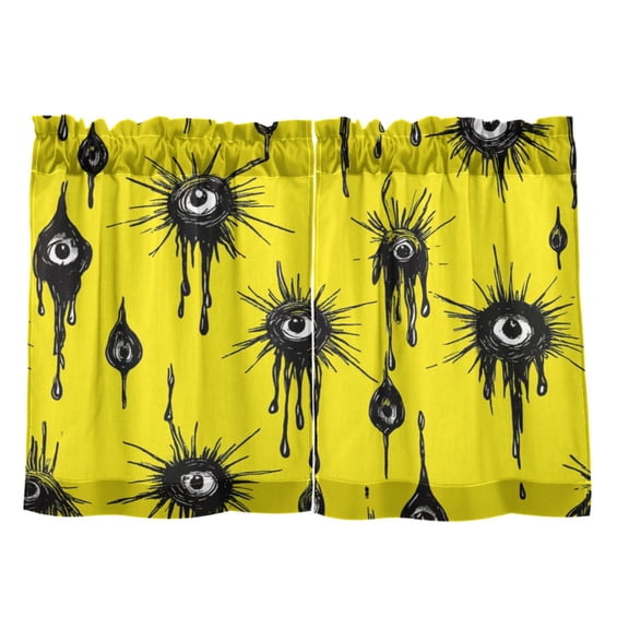 Yellow Eye Pattern 27"x24" Linen Look Cafe Curtain Set with Privacy and UV Protection