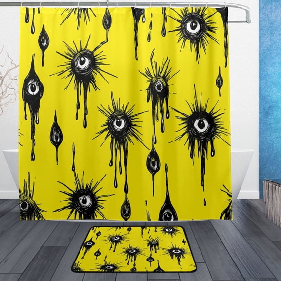 Yellow Eye Pattern Bathroom Accessory Sets Waterproof Shower Curtain with Anti-Slip Bath Mat Durable Combo