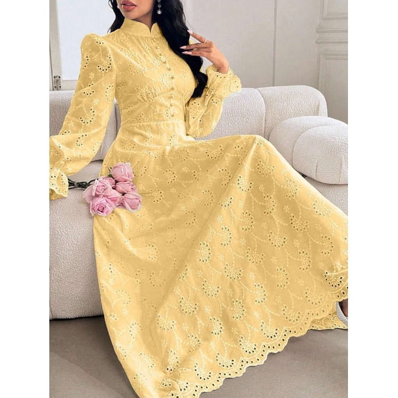Yellow Eyelet Lace Maxi Dress With Flare Sleeves And Scalloped Hem