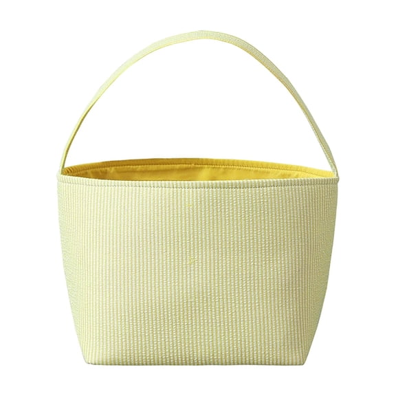 Yellow Fabric Basket Tote Bag Striped With Handle Reusable For Beach Grocery And Home Decor