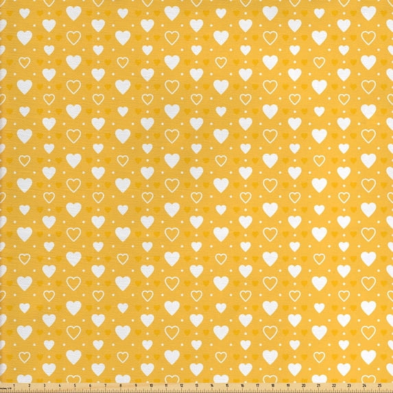 Ambesonne Romantic Fabric by the Yard Upholstery, Heart Shapes and Dots, 2 Yards, Yellow White