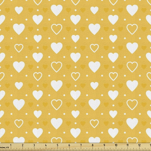 Ambesonne Romantic Fabric by the Yard Upholstery, Heart Shapes and Dots, 1 Yard, Yellow White