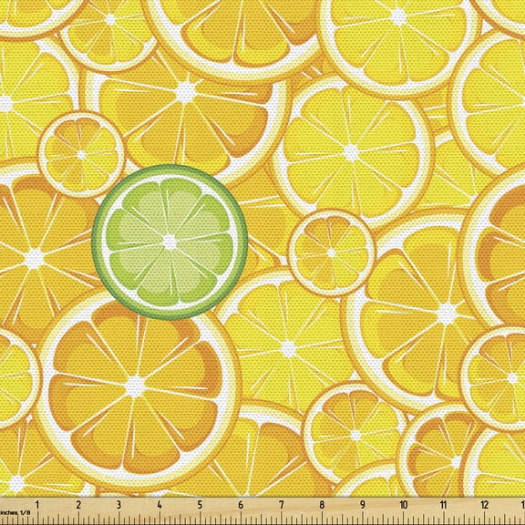 Ambesonne Fruit Fabric by the Yard Upholstery, Lemon Orange Circles, 1 Yard, Yellow White and Green