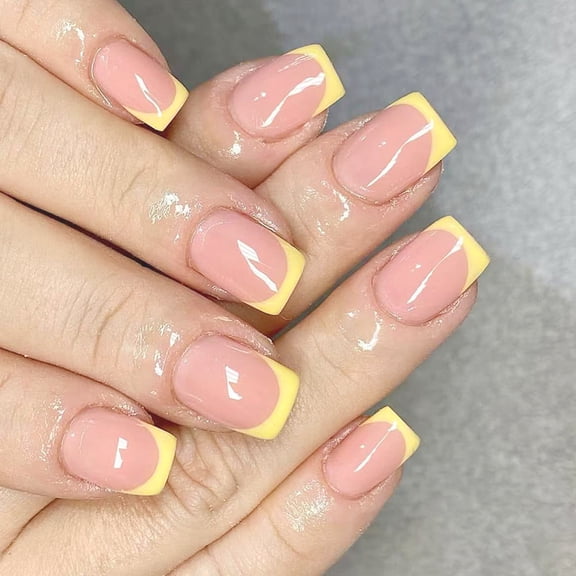 Yellow Fake Nails Squoval Glues on Nails Glossy Acrylic False Nails Full Covers on Nails for Women