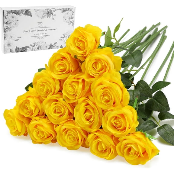 Yellow Fake Roses Artificial Flowers - Fake Artificial Roses Silk Flowers with Stems for Home Wedding Hotel Office Centerpiece Decor