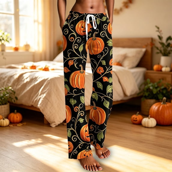 Yellow Fall, Autumn, & Halloween Themed Pajama Pants Pj Pants Fall Loose Fit Party Costume M