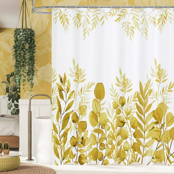 Yellow Fall Eucalyptus Shower Curtain, Plant Leaves Fabric Cloth Shower Curtains for Rustic Vintage Bathroom Decor, Modern Chic Botanical Shower Curtain, 72x72