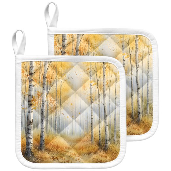 Yellow Fall Forest Pot Holders for Kitchen Heat Insulation Potholder, Kitchen Pot Holders Sets Washable Oven Hot Pads Terry Cloth Trivet for Cooking Baking Autumn Trees Vintage Cottagecore 2 Pack