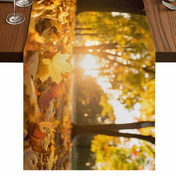 Yellow Fall Maple 60 Inch Table Runner, Autumn Leaves Country Rustic Deciduous Farmhouse Dresser Scarf Cotton & Linen Tablerunner for Dining/Kitchen Island/Holiday Party Décor 13" x 60"