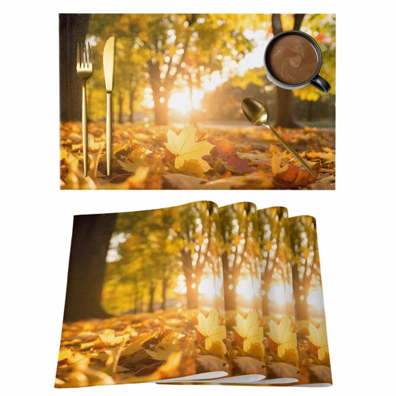 Yellow Fall Maple Placemats Set of 4, Autumn Leaves Country Rustic Deciduous Placemats for Dining Table, Place Mats for Kitchen Tabletop, Waterproof Wipeable Dining Table Mats Set