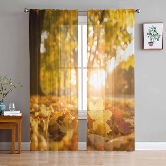 Yellow Fall Maple Sheer Curtains 84 Inches Long 2 Panels Set, Window Sheer Curtains for Living Room/Bedroom, Autumn Leaves Country Rustic Deciduous Light Filtering Rod Pocket Curtain 52'' x 84'' x 2