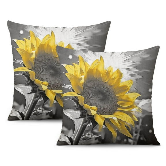Yellow Fall Sunflower Linen Farmhouse Throw Pillow Covers 20"x20", Set Of 2, Linen Study Sofa Cushion Cover Indoor Living Room Home Decor