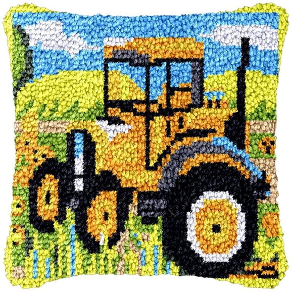 Yellow Farm Truck Latch Hook Kits Pillow DIY Rug Cushion Making Kits with preprinted Pattern Canvas Instruction Yarns and Latch Hooking Pillow Cover Easy to Start DIY Home Decor Kits 43x43cm