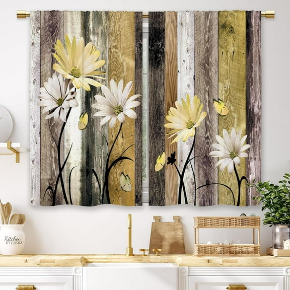 Yellow Farmhouse Daisy Kitchen Curtains Wooden Flower Small Short Cafe Window Curtains Rustic Floral Butterfly Country Barn Bathroom Drapes Treatment Tier Curtains 2 Panels (27.5x39 Inch)