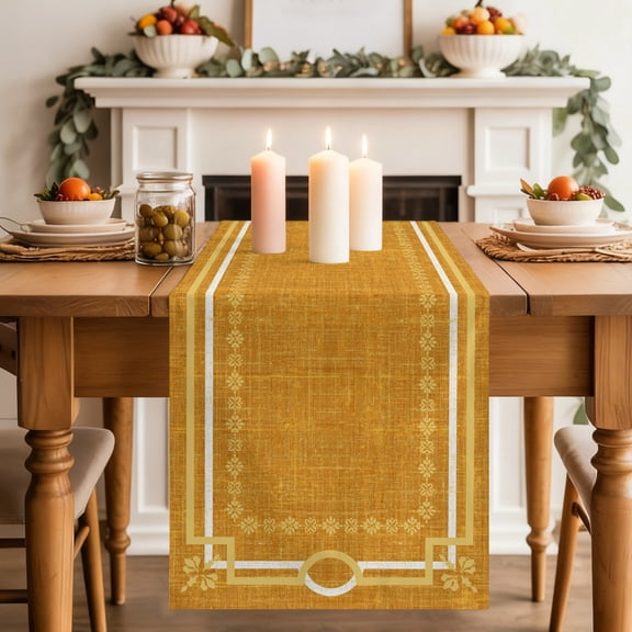 Yellow Farmhouse Dining Table Runner, Linen Texture Geometric Lines Floral Boho Washable Table Runners Kitchen Coffee Table Center Decor for Home Party Holiday Wedding 13 x 36 Inches