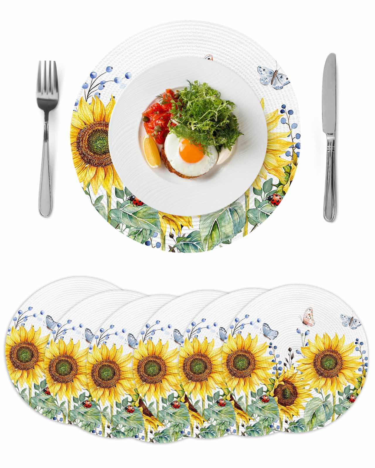 Yellow Farmhouse Sunflower Round Table Placemats set of 6, Country ...