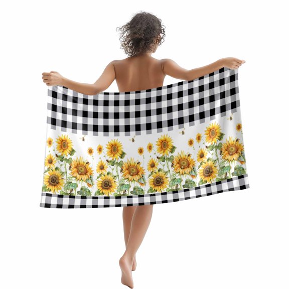 Yellow Farmhouse Sunflowers Beach Towels Blanket Soft&Absorbent Quick Dry Microfiber Retro Black White Check Plaid Pool Towels for Swimming ,Yoga, Sports, Gym, Camping,Large 30X60in,