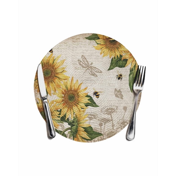 Yellow Farmhouse Sunflowers Round Table Placemats 1 pc, Leaves Bee Butterfly Washable Woven Place Mats for Dining Tables Kitchen Party Decor,Heat Proof, 13in,