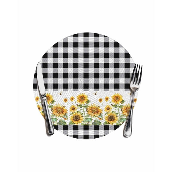 Yellow Farmhouse Sunflowers Round Table Placemats 1 pc, Retro Black White Check Plaid Washable Woven Place Mats for Dining Tables Kitchen Party Decor,Heat Proof, 13in,