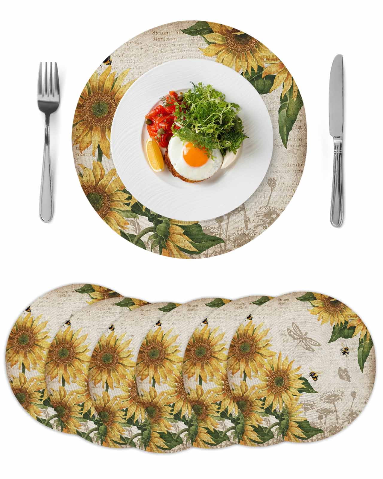 Yellow Farmhouse Sunflowers Round Table Placemats set of 6, Leaves Bee Butterfly Washable Woven Place Mats for Dining Tables Kitchen Party Decor,Heat Proof, 13in,