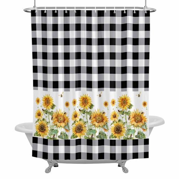 Yellow Farmhouse Sunflowers Shower Curtain Set with Hooks, Retro Black White Check Plaid Waterproof Fabric Bathroom Curtains Decor Home Accessories,72 X 72 Inch Long