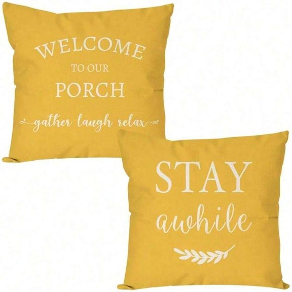 Yellow Farmhouse Throw Pillow Covers Set of 2 - Welcome To Our Porch Stay Awhile Outdoor Decor
