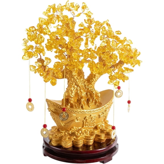 Yellow Feng Shui Money Tree Crystal Tree Tabletop Ornament Bonsai Style Money Tree with Chinese Copper Coin String Decoration for Wealth/Fortune Luck