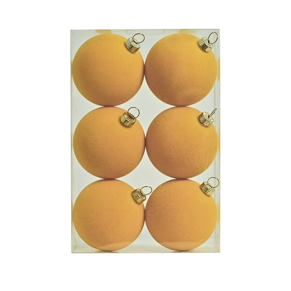 Yellow Festive Velvet Balls For Tree 6 Piece Set 6Cm Size Flocked For Holiday Cheer