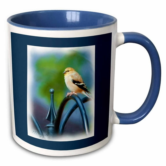 3drose, Yellow Finch Digital Oil Painting, 15oz Two-tone Blue Mug