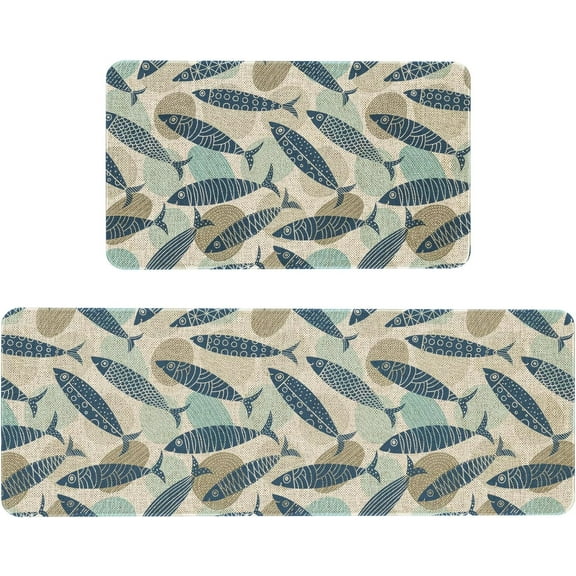 Yellow Fish Decorative Kitchen Mats Set of 2, Anti Fatigue Waterproof Stain Resistant Floor Rug Non Slip Cushioned Floor Mat - 17x29 and 17x47 Inch