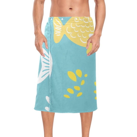 Yellow Fish in Blue Bath Towel Wrap for Man Adjustable Shower Wrap Button Closure Body Towel for Sauna Gym