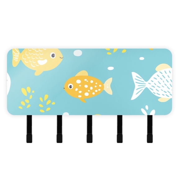 Yellow Fish in Blue Mail Holder Organizer Wall Mount with Shelf Key Holder Key Rack with 5 Key Hooks for Wall Decorative