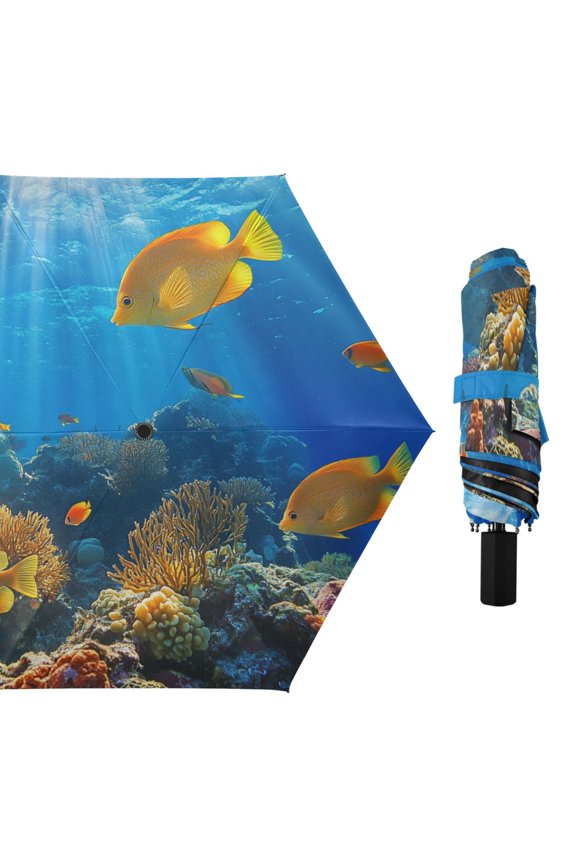 Yellow Fishes Corals in Sea All Weather Umbrella Triple Folding Parasol 6 Ribs UV Protection Portable