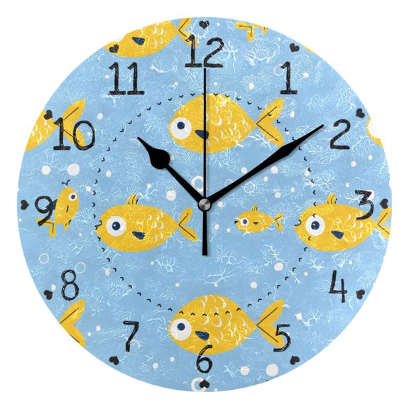 Yellow Fishes Small Bubbles Round Wall Clock Silent Analog Battery Operated Black Pointer Home Decor 9.84" Diameter