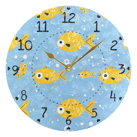 Yellow Fishes Small Bubbles Round Wall Clock Silent Analog Battery Operated Gold Pointer Home Decor 9.84" Diameter