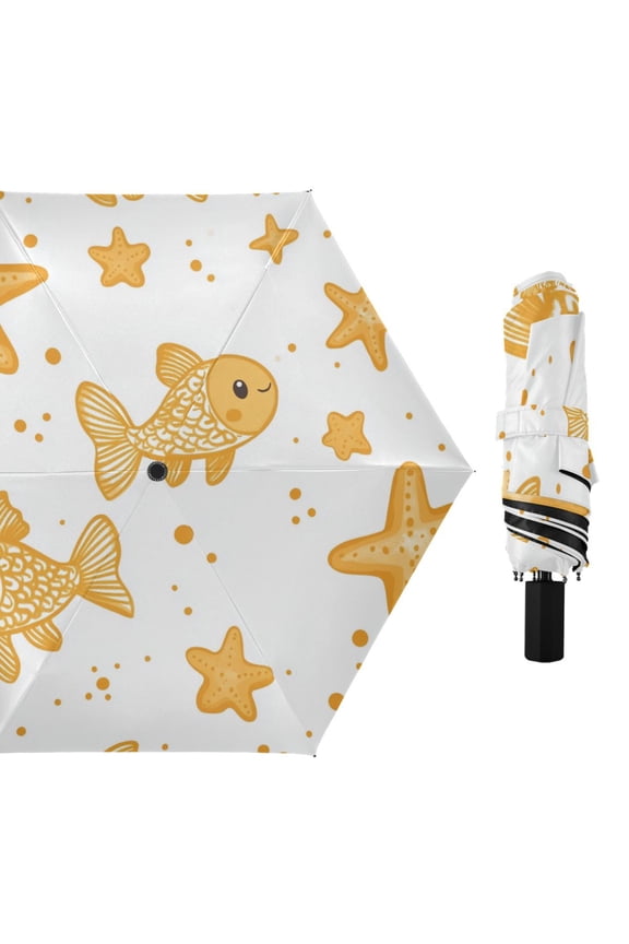 Yellow Fishes Stars Dots Cartoon All Weather Umbrella Triple Folding Parasol 6 Ribs UV Protection Portable