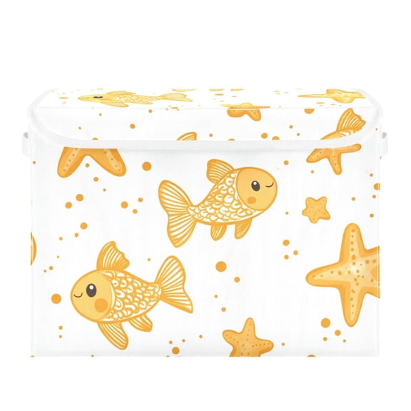 Yellow Fishes Stars Dots Cartoon Foldable Storage Bin with Lid and Handle Collapsible Storage Box 16.5 x 12.6 x 11.8 inches