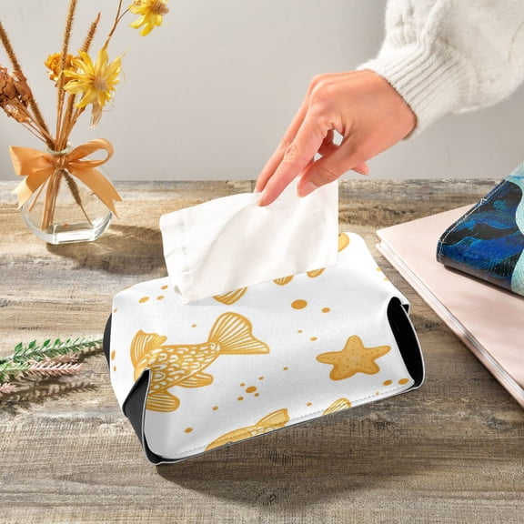 Yellow Fishes Stars Dots Cartoon Leather Tissue Box Cover Rectangle Tissue Holder Foldable