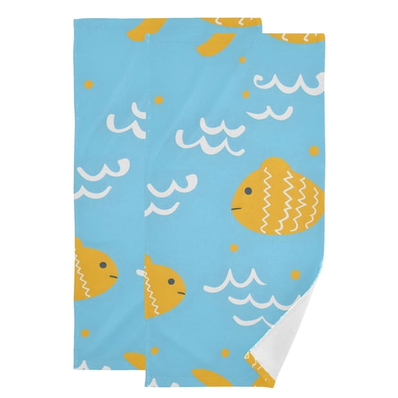 Yellow Fishes Waves Hand Towel Absorbent Bath Towels for Bathroom Sports Gym 28" x 14" Set of 2