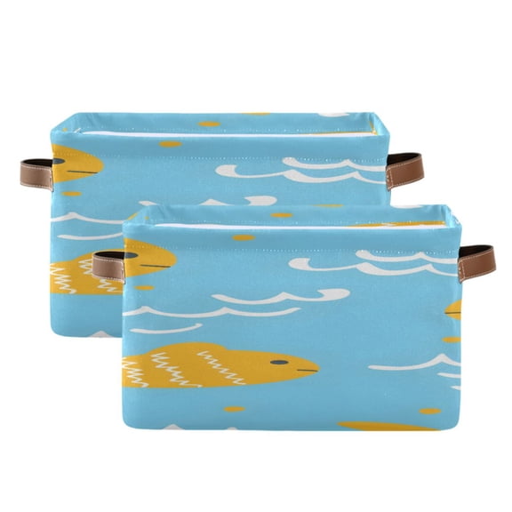 Yellow Fishes Waves Square Storage Bins with Handles Collapsible Containing Box 2 Packs
