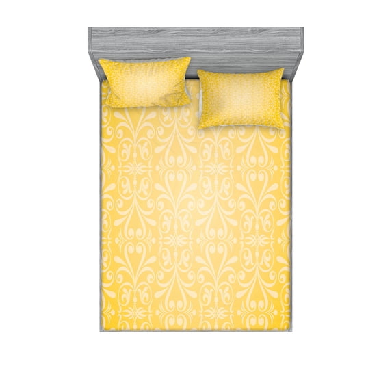 Yellow Fitted Sheet & Pillow Sham Set, Diagonal Swirling Ornate Victorian Damask Patterns on Retro Background Graphic Design, Decorative Printed 6 Piece Bedding Decor Set, Full, Yellow, by Ambesonne