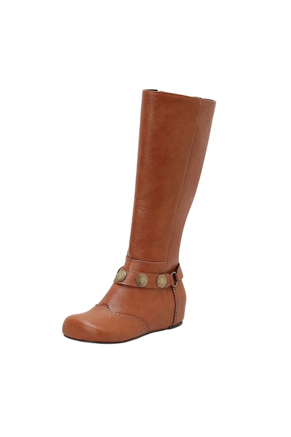 Yellow Flat Knee High Boots With Round Toe And Lace-Up Belt Buckle Design For Women Winter Casual Wear Pu Leather Comfort Fit