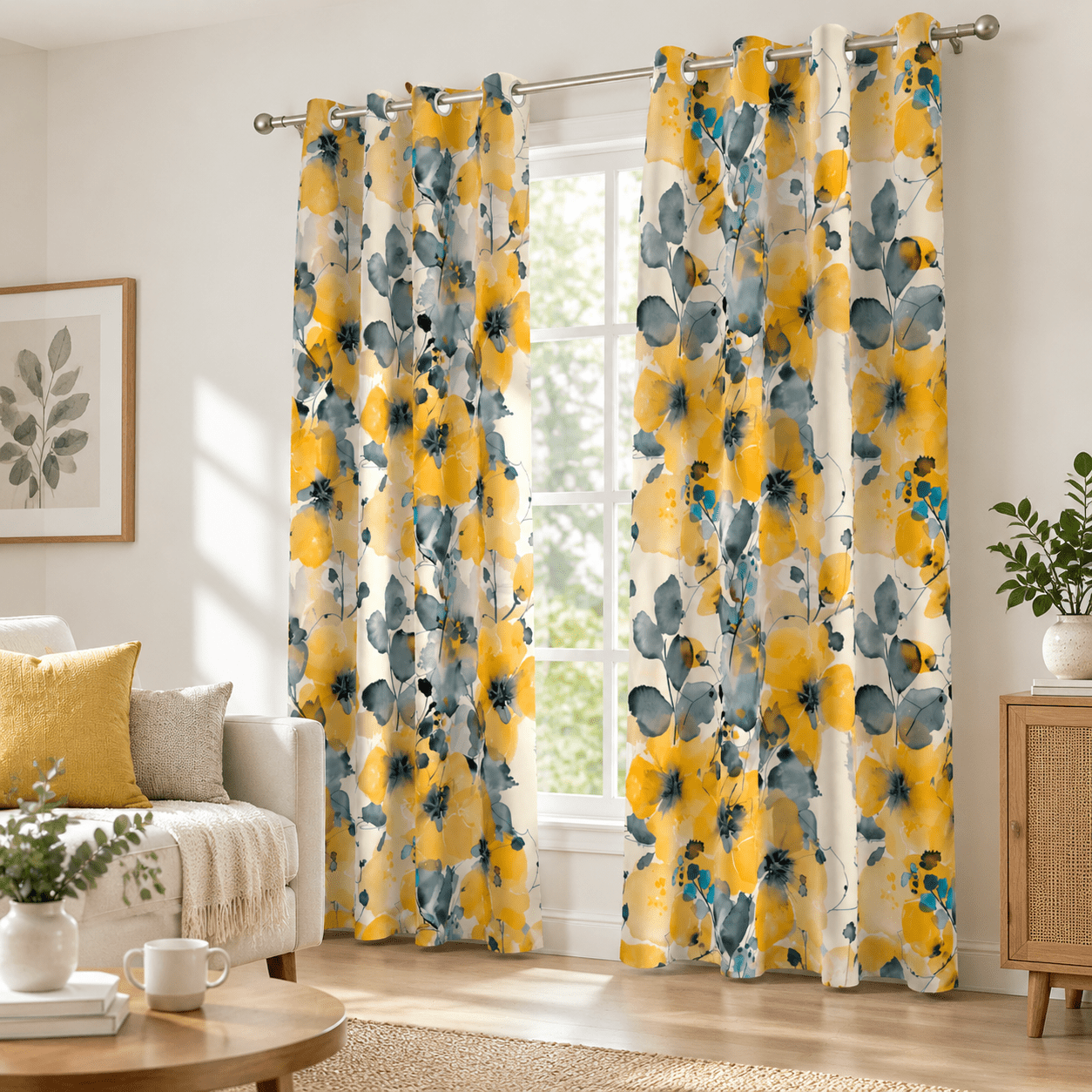 Unlined Drapery Yellow Floral 52