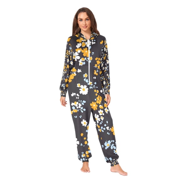 Yellow Floral Adult Unisex Onesie Pajamas One Piece Suit Pjs Sleepwear Jumpsuit