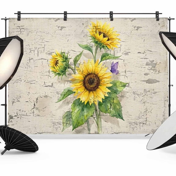 Yellow Floral Backdrop for Photography, Retro Sunflower Flowers Butterfly Mottled Photo Backdrop Portrait Background Party Banner Photo Backgrounds for Studio Booth Props, 7x5ft