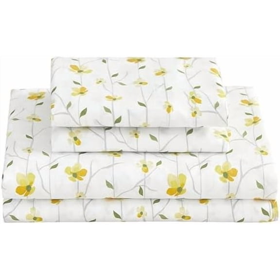 Yellow Floral Bed Sheets Full Flower Printed Sheets - Patterned Microfiber Fitted Sheets Full with 15" Deep Pocket & Non-Slip Straps, Cute Flower Sheets & Pillowcase Set