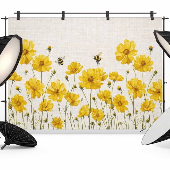 Yellow Floral Bee Backdrop for Photography,Fabric Photo Background Backdrop,Summer Watercolor Botanical Flower Photo Booth Background for Portrait Photoshoot Video Wedding Decoration Banner 7x5ft