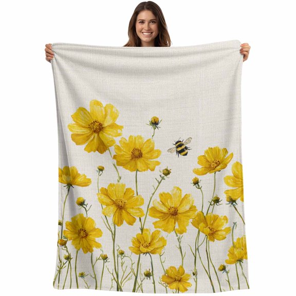Yellow Floral Bee Blanket Soft Cozy Warm Throw Blanket for Couch, Plush Fuzzy Flannel Fleece Blankets for Sofa, Summer Watercolor Botanical Flower Bed Blankets Lightweight Gifts for Women, 50"x60"